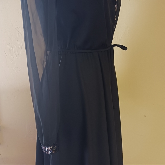 Vintage Union made fancy black sheer sleeve secretary midi dress sequin detail 8 - Picture 7 of 12